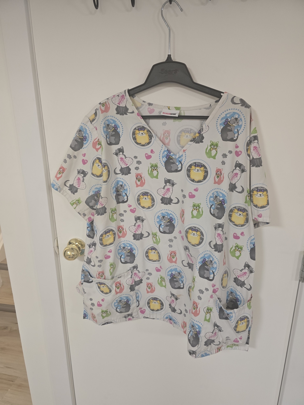 Scrubstar White V-Neck Women's Scrub Top with Multicolor Animal Medallions